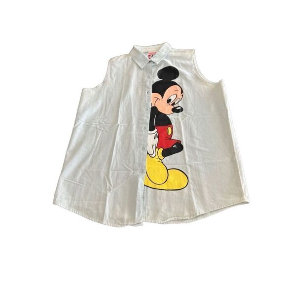 Vintage Mickey Mouse Sleeveless Denim Button Up Shirt size L - Picture 1 of 10